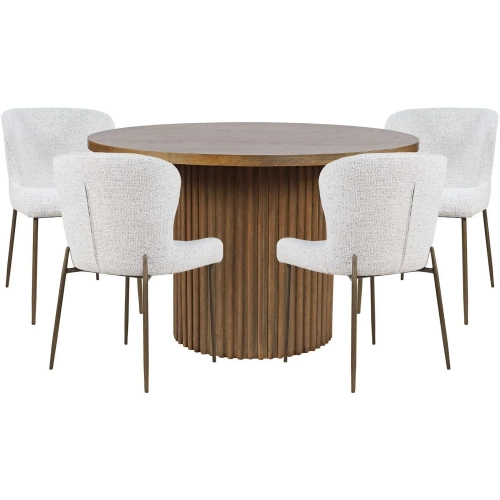 Auden 5 Piece Dining Set in Chestnut Brown Wood, Gray Fabric & Brass